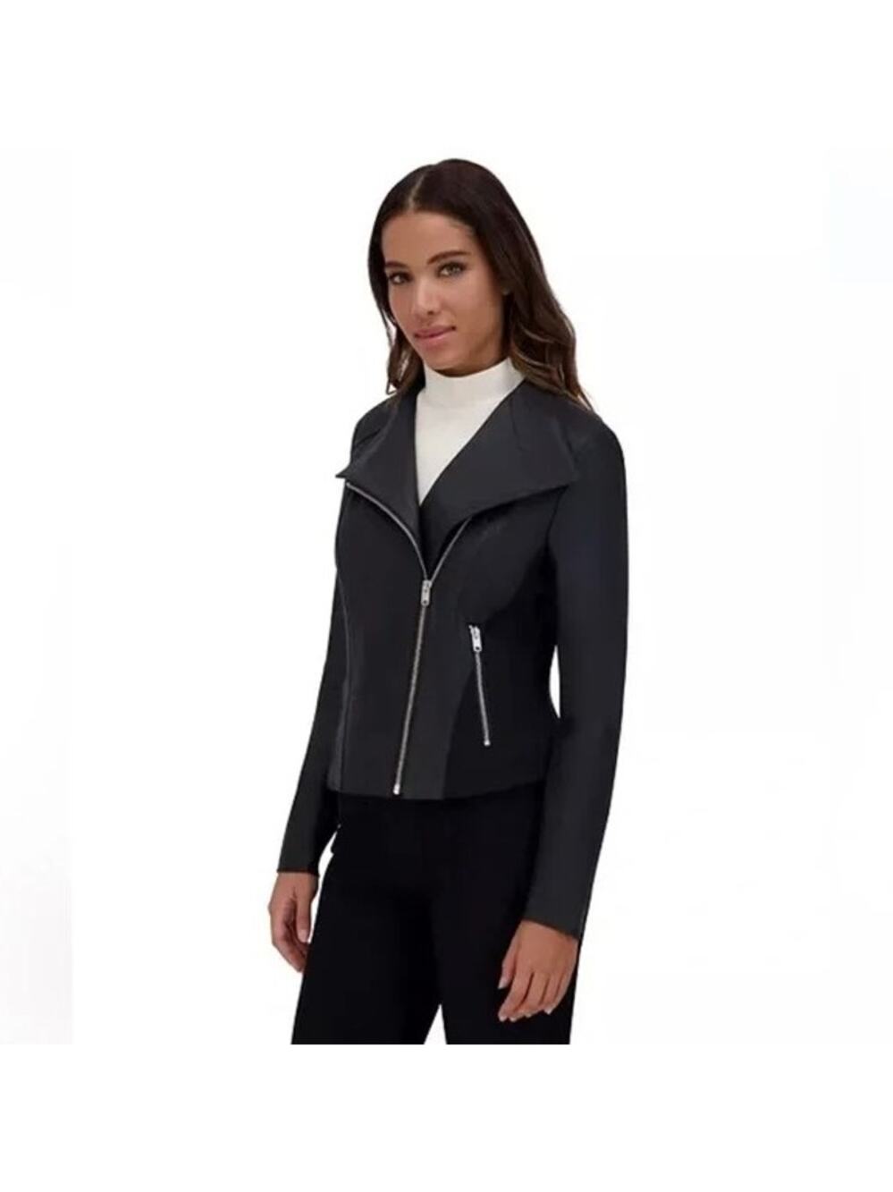 Andrew Marc Moto Felix Jacket Black Leather Small Pockets Knit Panels Gothcore